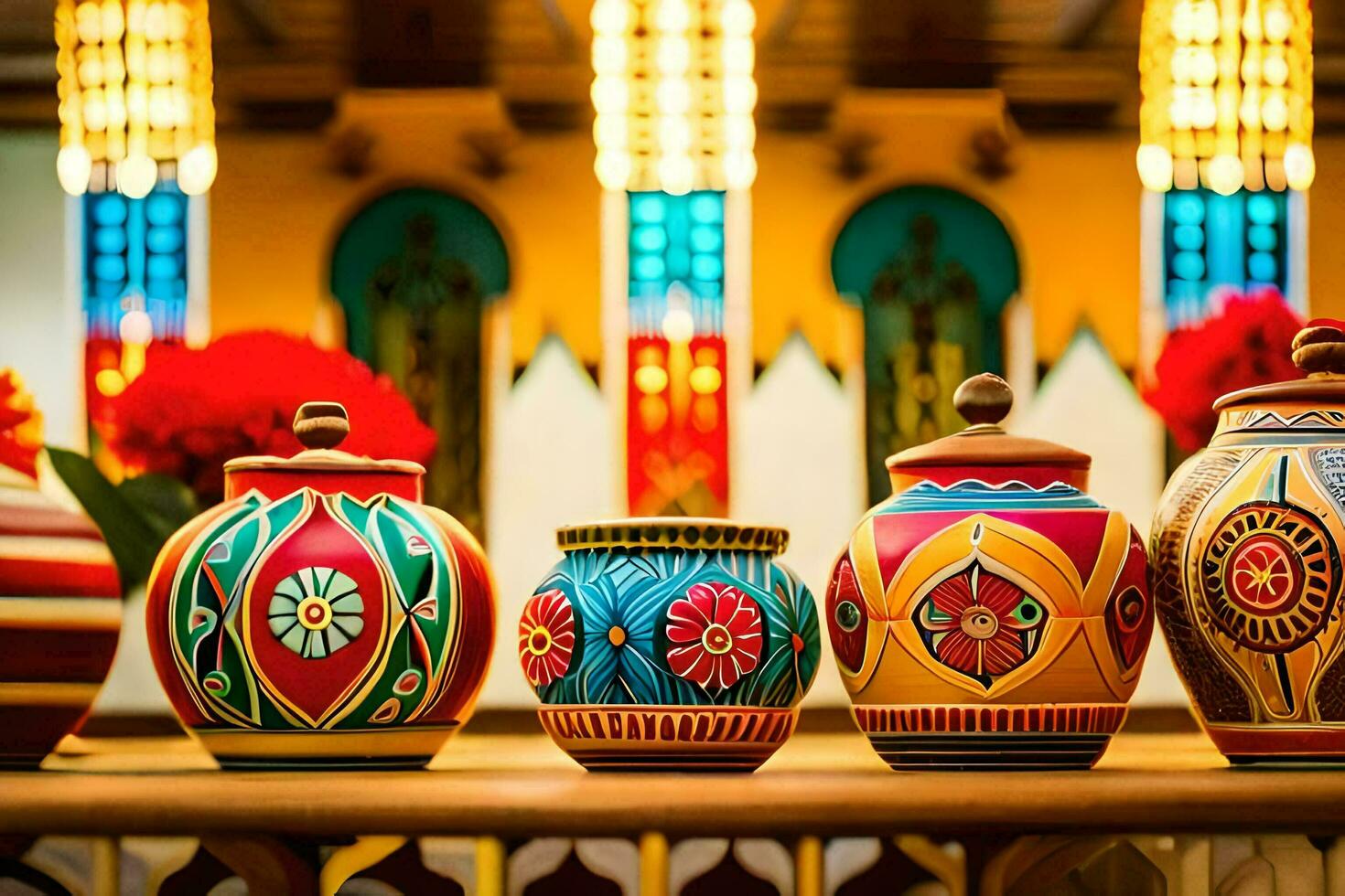 colorful vases are lined up on a table. AI-Generated photo