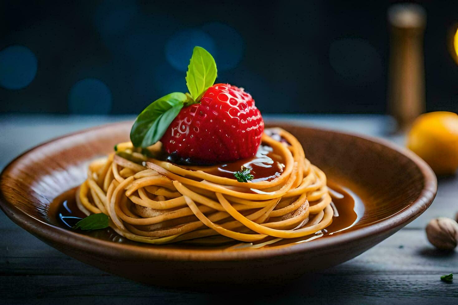 spaghetti with a strawberry on a wooden plate. AI-Generated photo