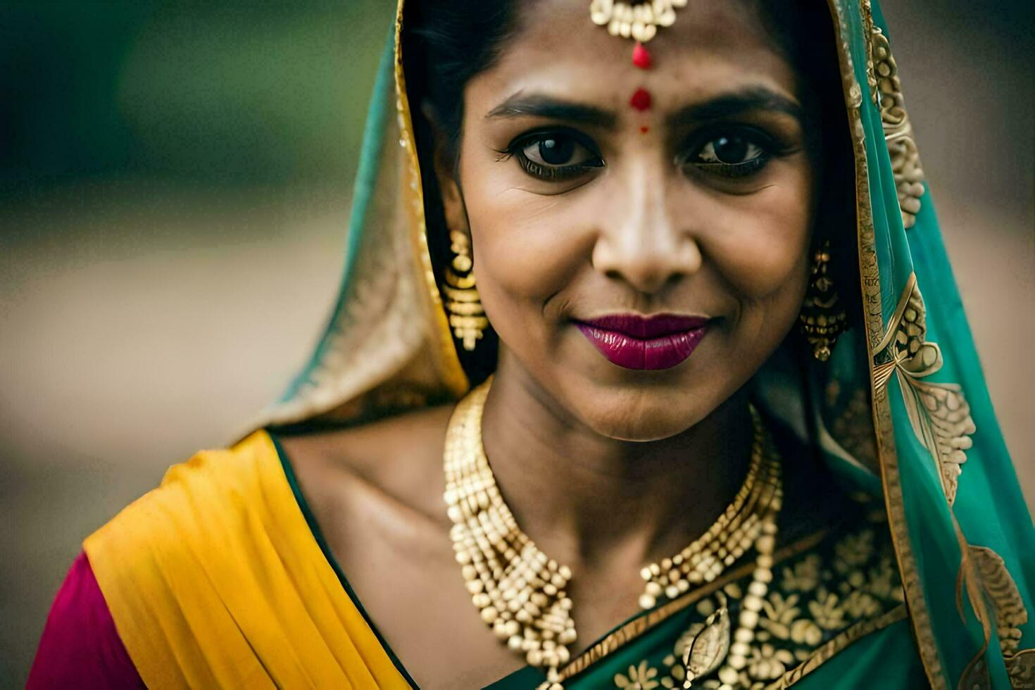 a woman wearing a sari and jewelry. AI-Generated photo