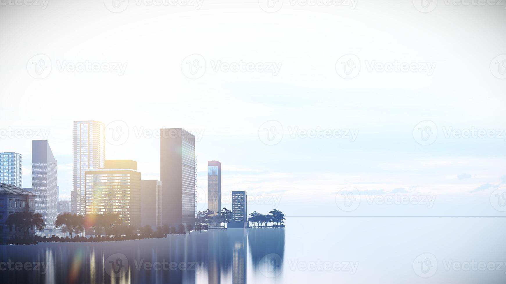 City Skyline at Sunset on Empty Ground with Reflection,3D Rendering Background. photo