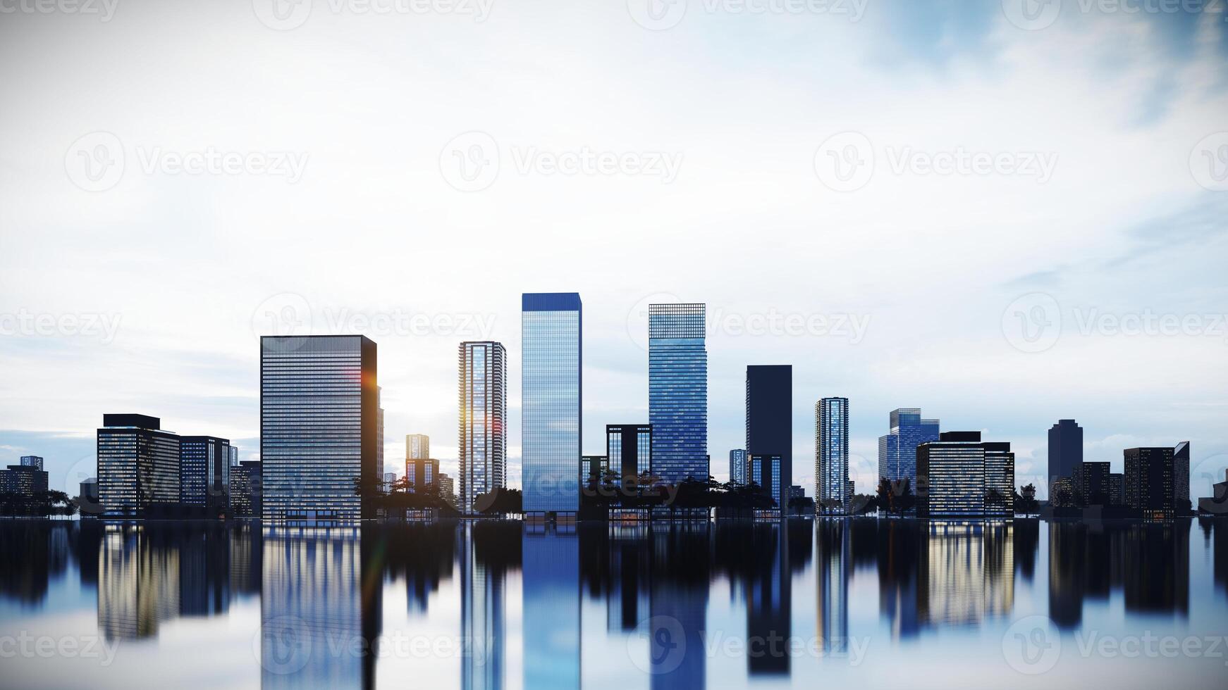 Modern City Skyline at Dusk,Silhouette Building Background 3d Rendering with Reflection Ground. photo