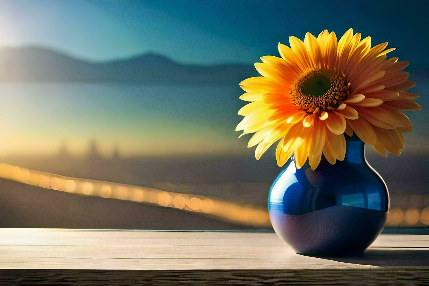 sunflower in a blue vase on a table with a view of the city. AI-Generated photo