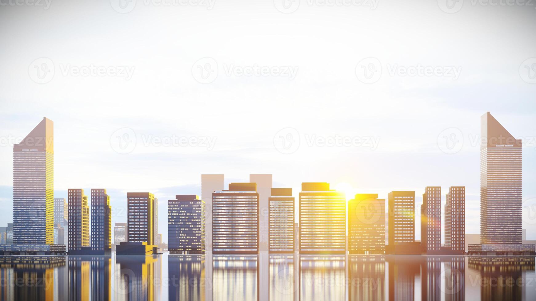 City Skyline Background at Sunset with Reflection Ground,3D Rendering. photo