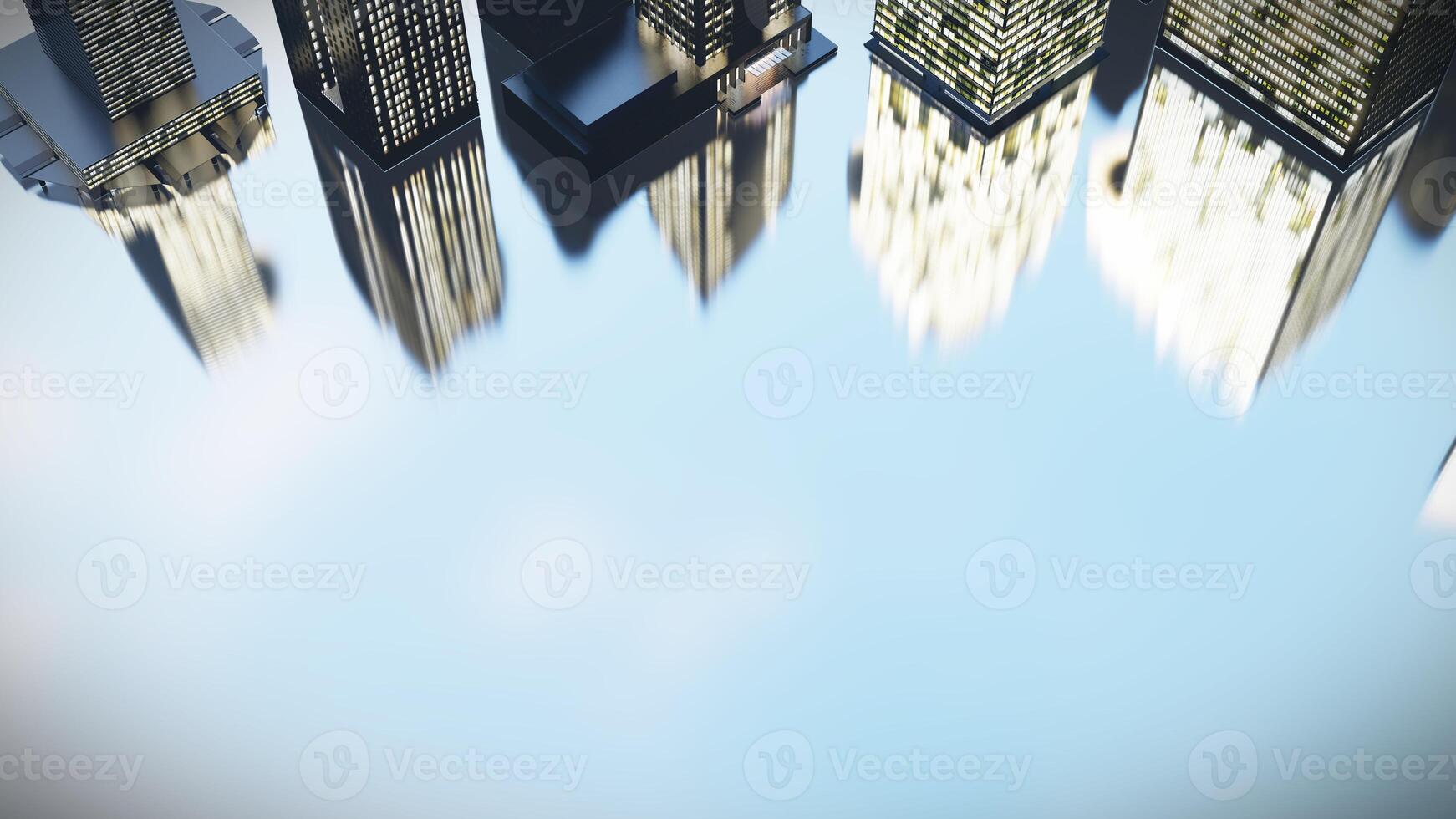 Office Building in Reflection Surface,3D Rendering Background with Lights and Empty Space photo