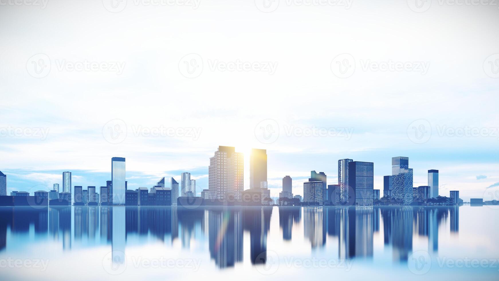 Blue Cityscape Background on Mirror Floor with Reflection.3d Rendering Building at Sunset. photo