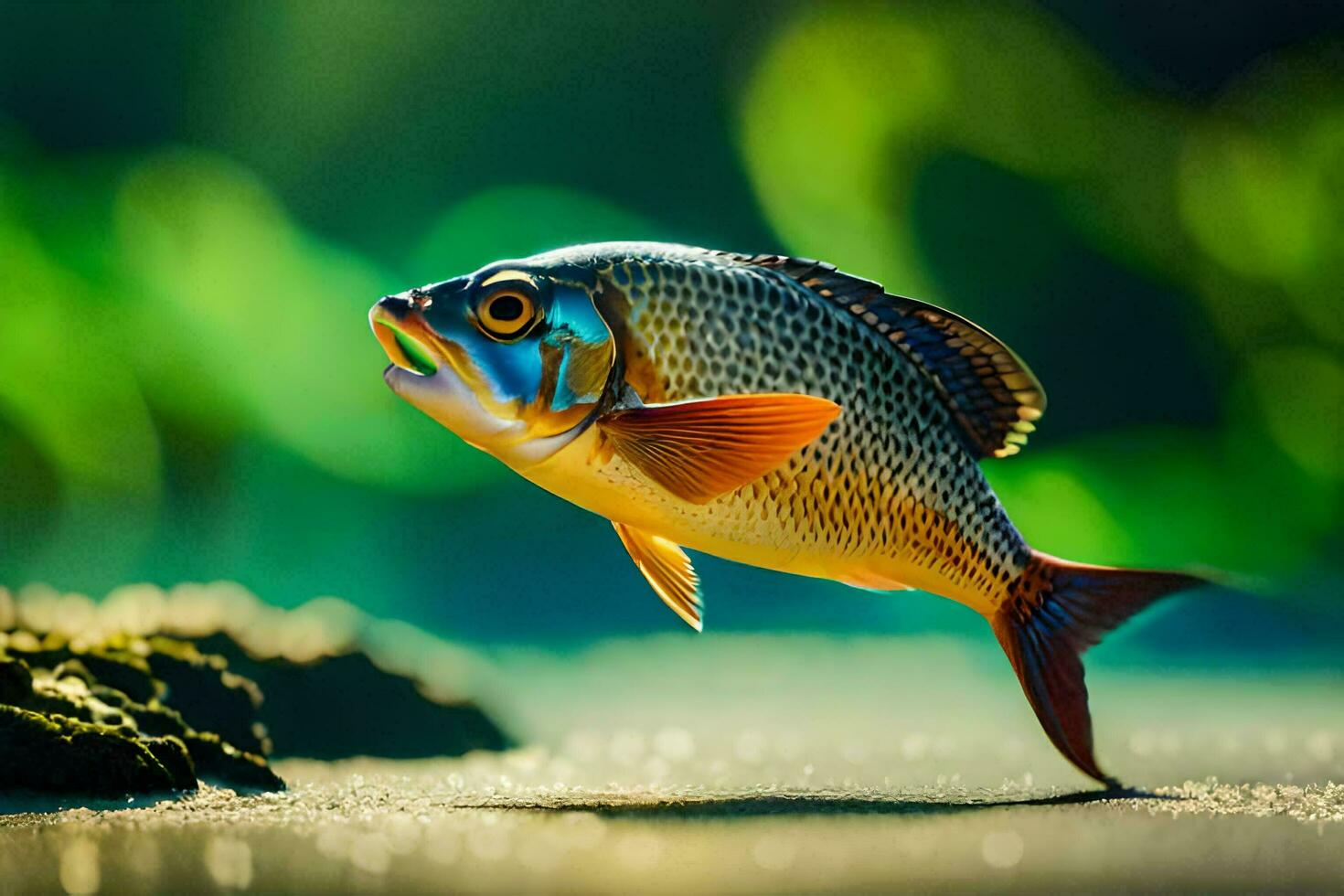 a fish is standing on the ground with a green background. AI-Generated photo