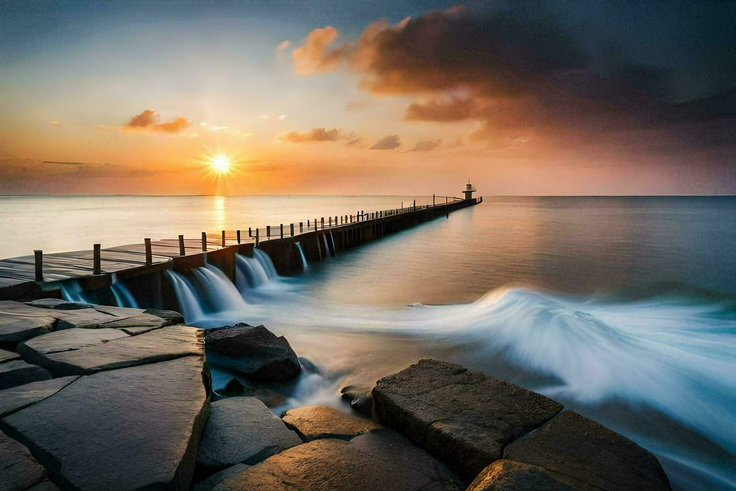 a long exposure photograph of a pier at sunset. AI-Generated photo
