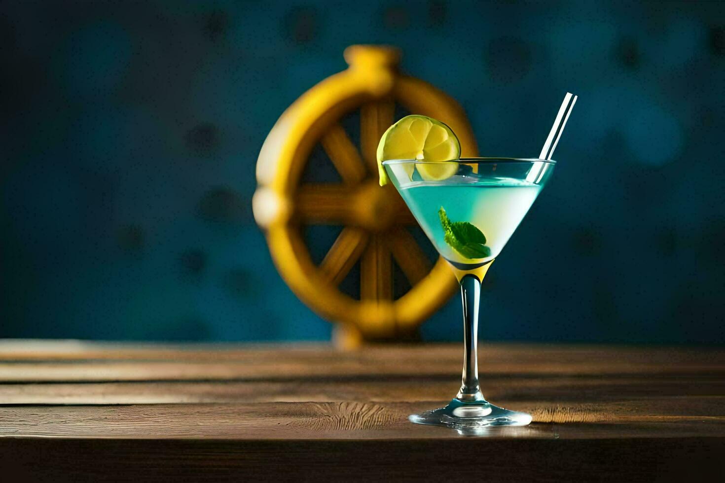 blue cocktail with a lemon slice on the side. AI-Generated photo