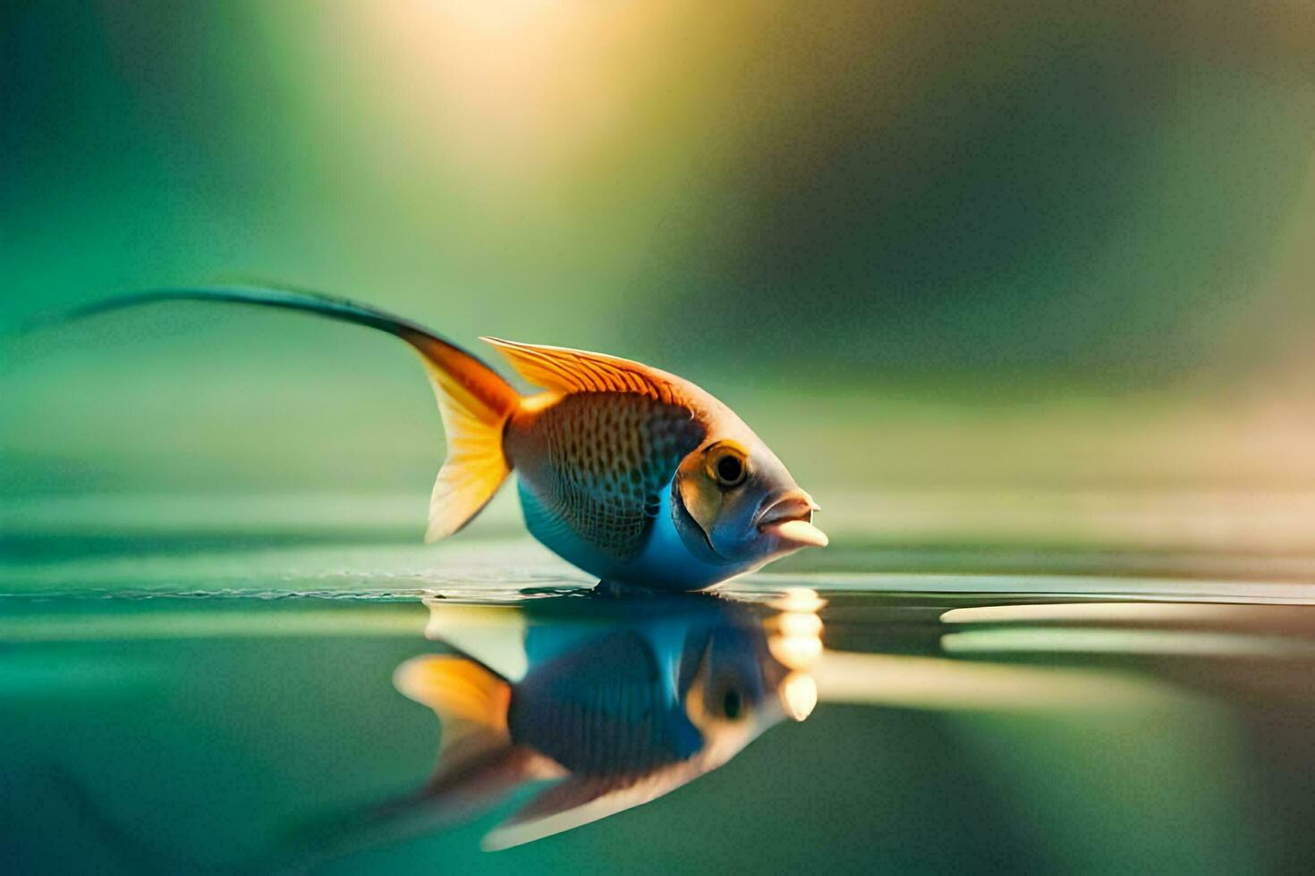 a fish is floating on the water with its reflection. AI-Generated photo