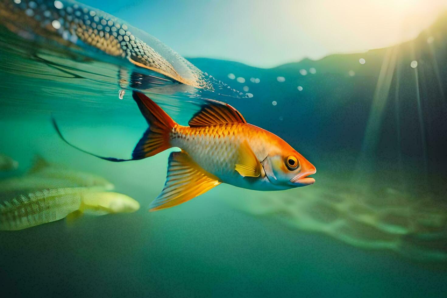 a fish swimming in the ocean with sunlight shining. AI-Generated photo