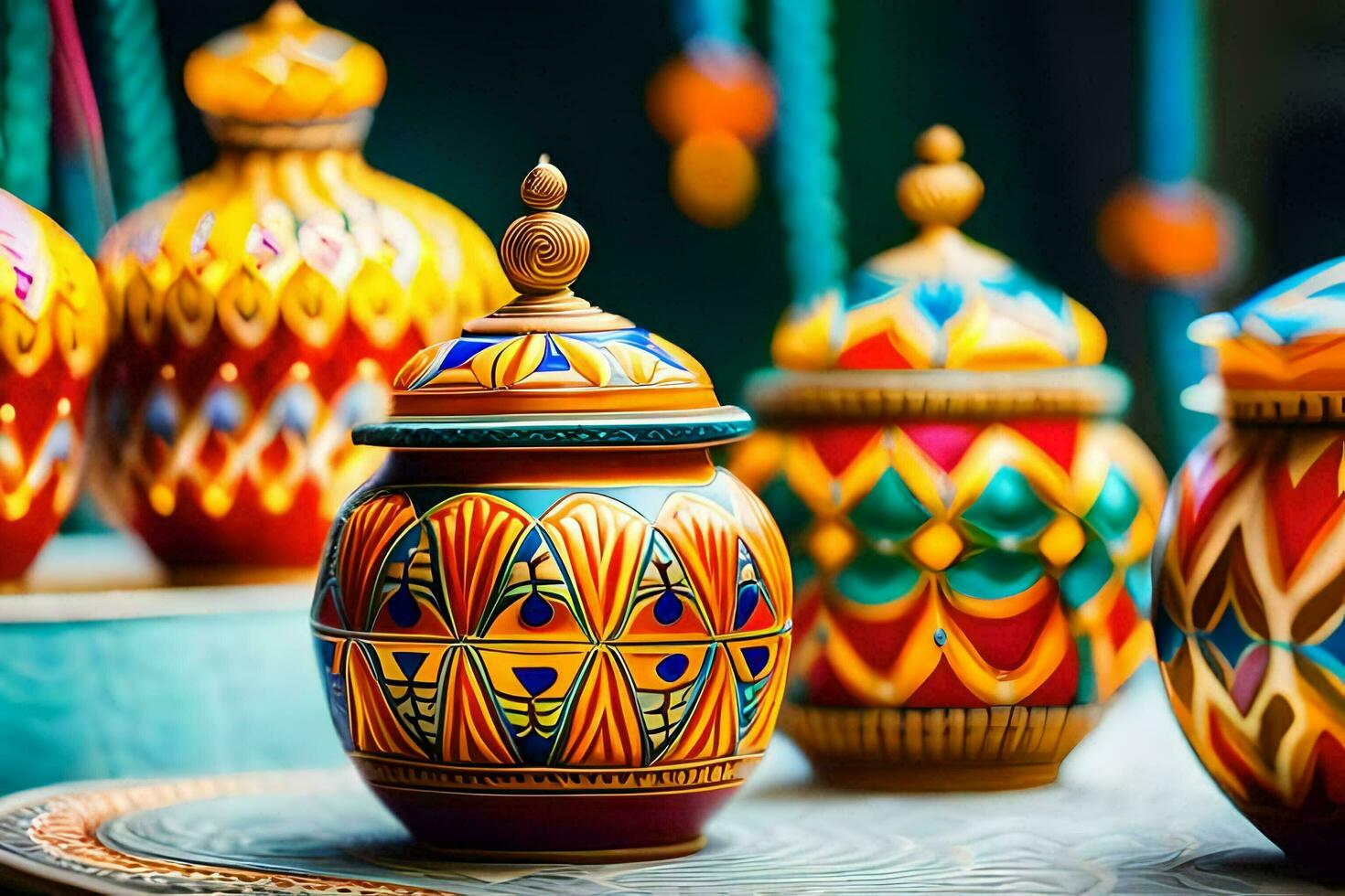 colorful ceramic jars on display in a store. AI-Generated photo