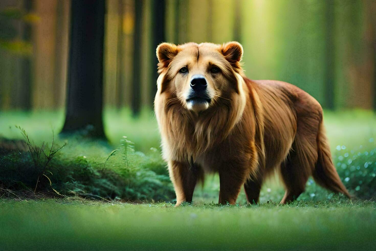 a large brown dog is standing in the woods. AI-Generated photo