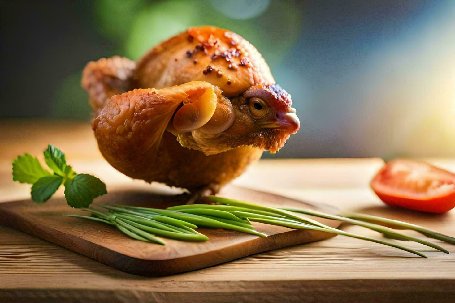 roasted chicken on a wooden cutting board. AI-Generated photo