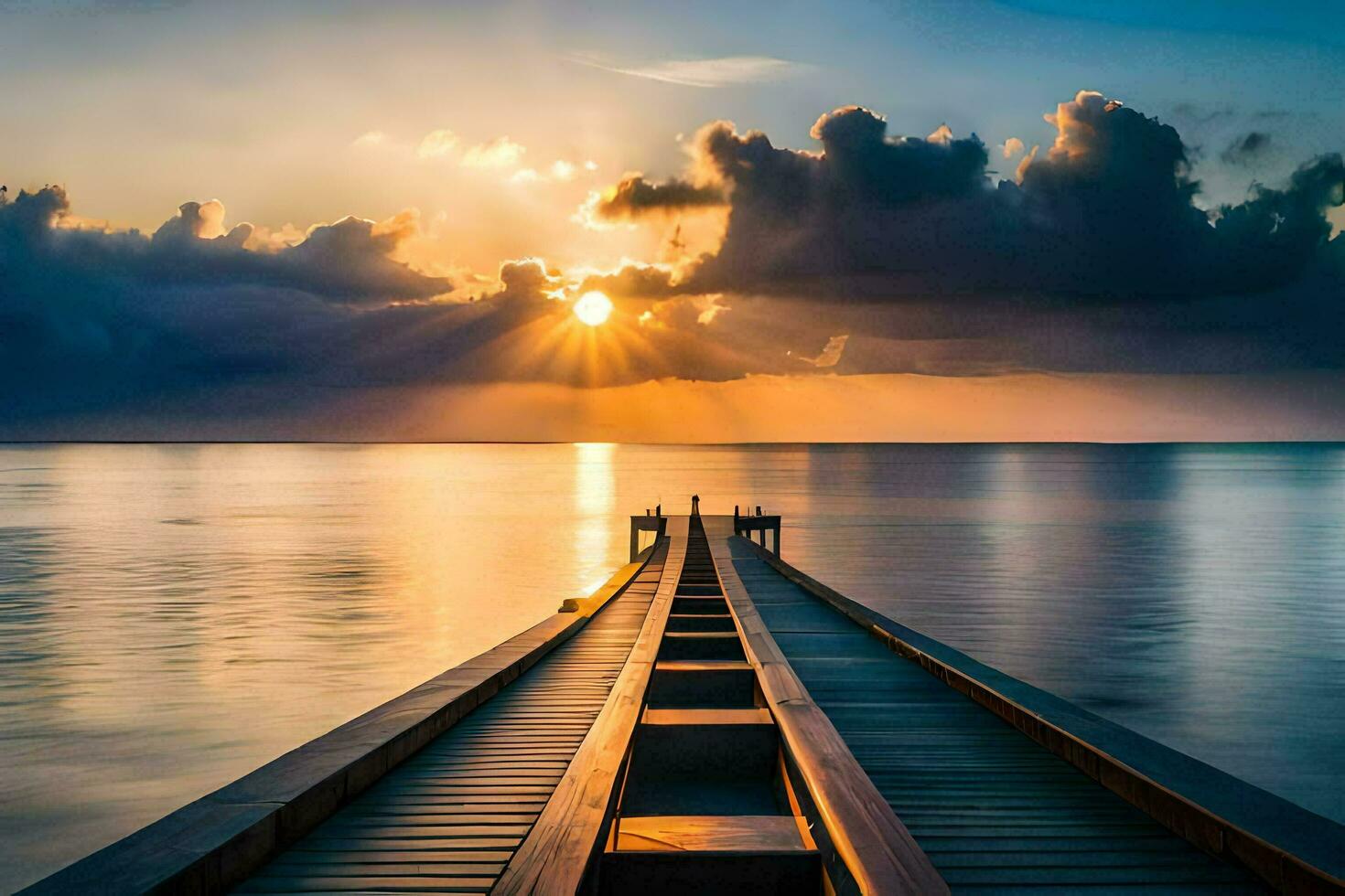 a pier in the ocean with the sun setting behind it. AI-Generated photo