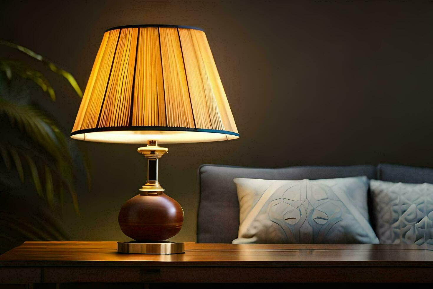 a lamp on a table in front of a couch. AI-Generated photo