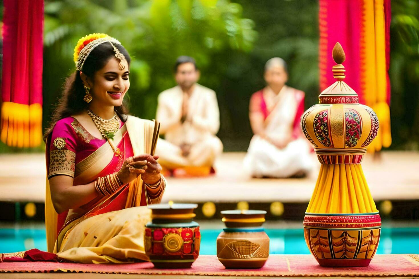 a woman in traditional indian attire sits by a pool with a pot. AI-Generated photo