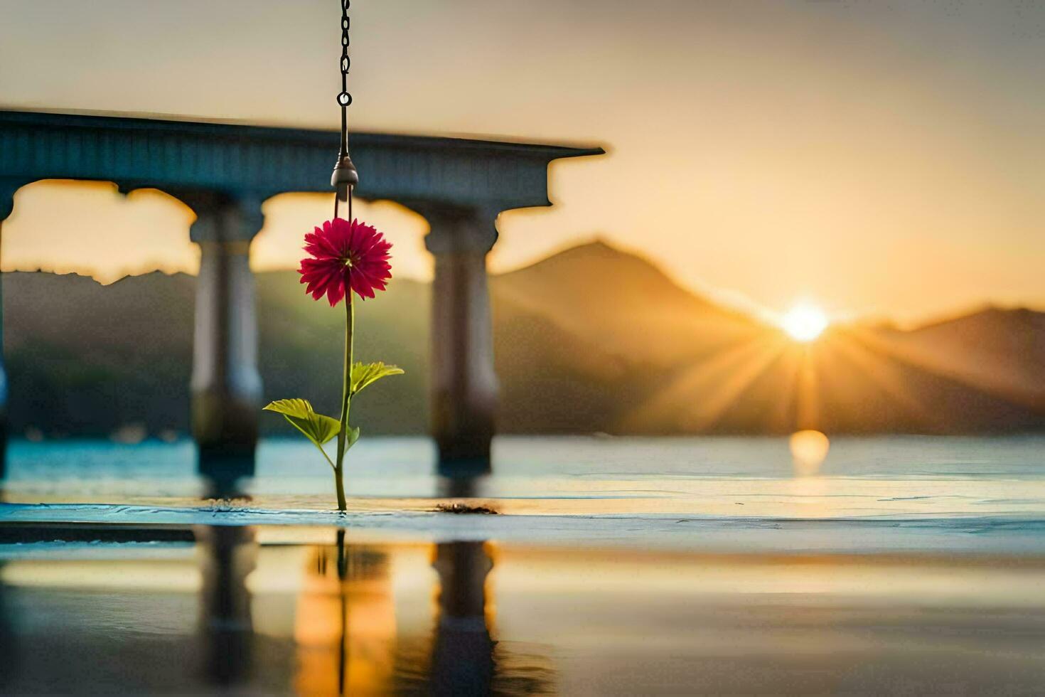 a flower hanging from a chain in the water. AI-Generated photo