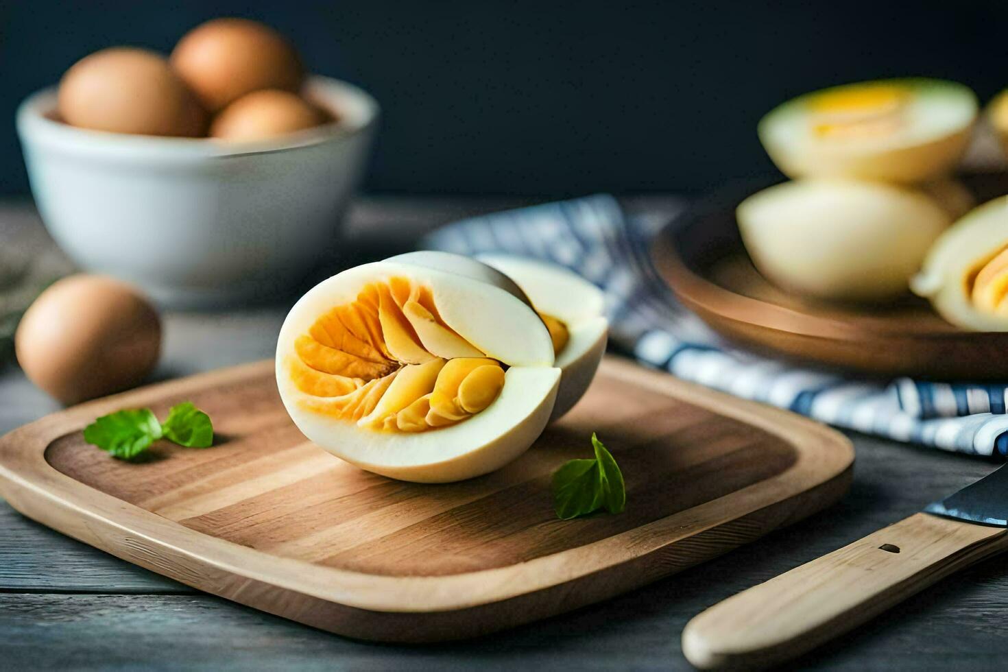 a sliced egg on a cutting board with a knife. AI-Generated photo