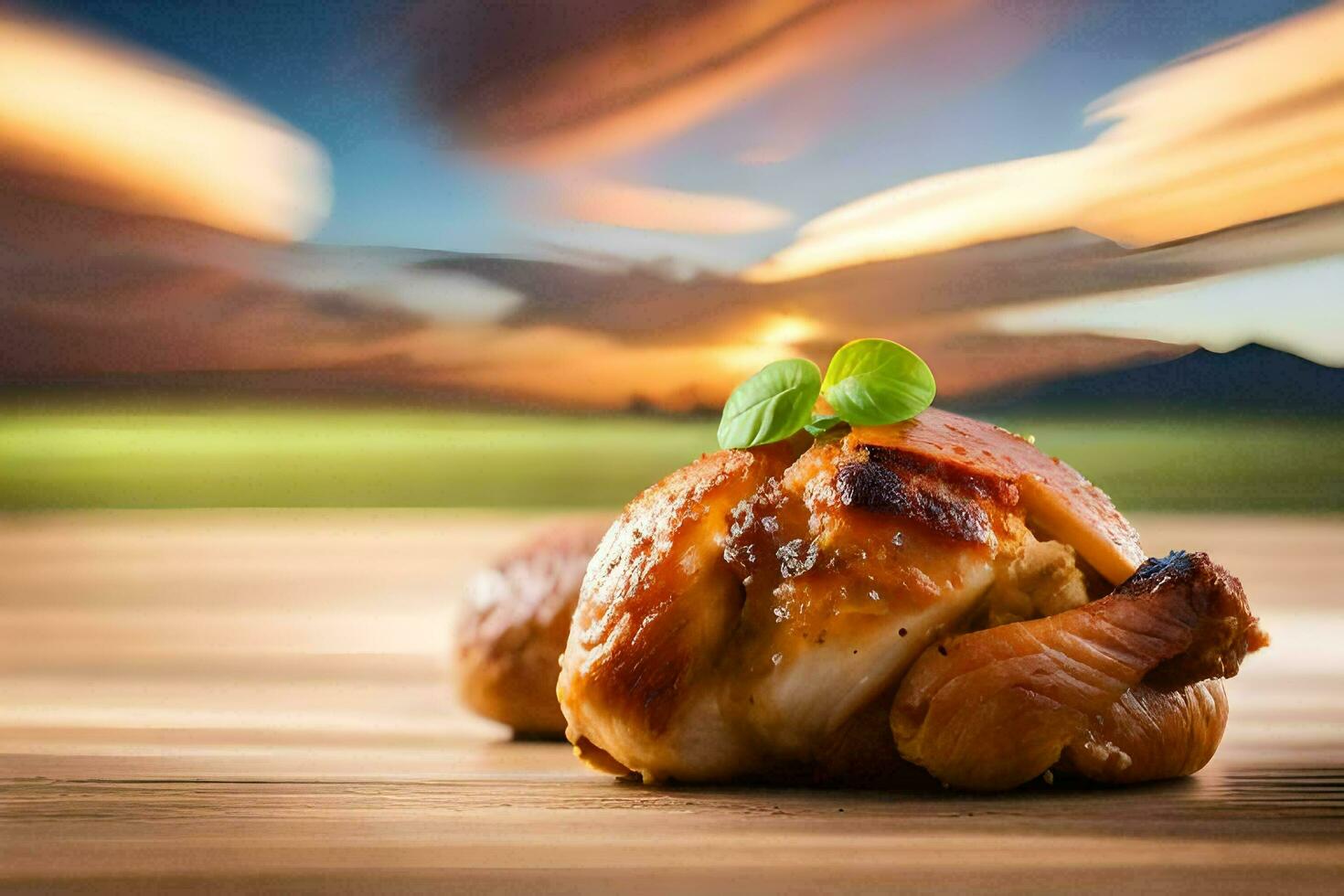 a chicken on a wooden table with a sunset in the background. AI-Generated photo