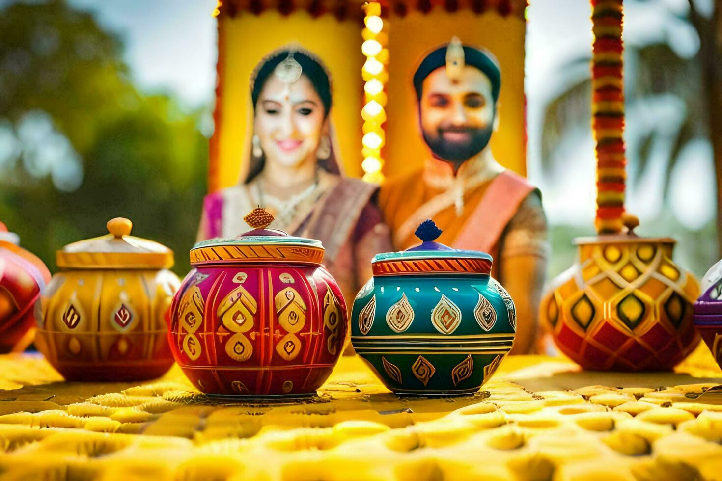 colorful diyas and pots on a yellow table. AI-Generated photo