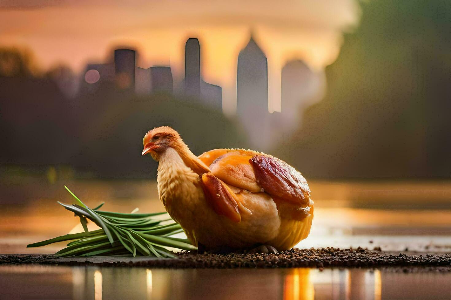 a chicken is sitting on the ground near a river. AI-Generated photo