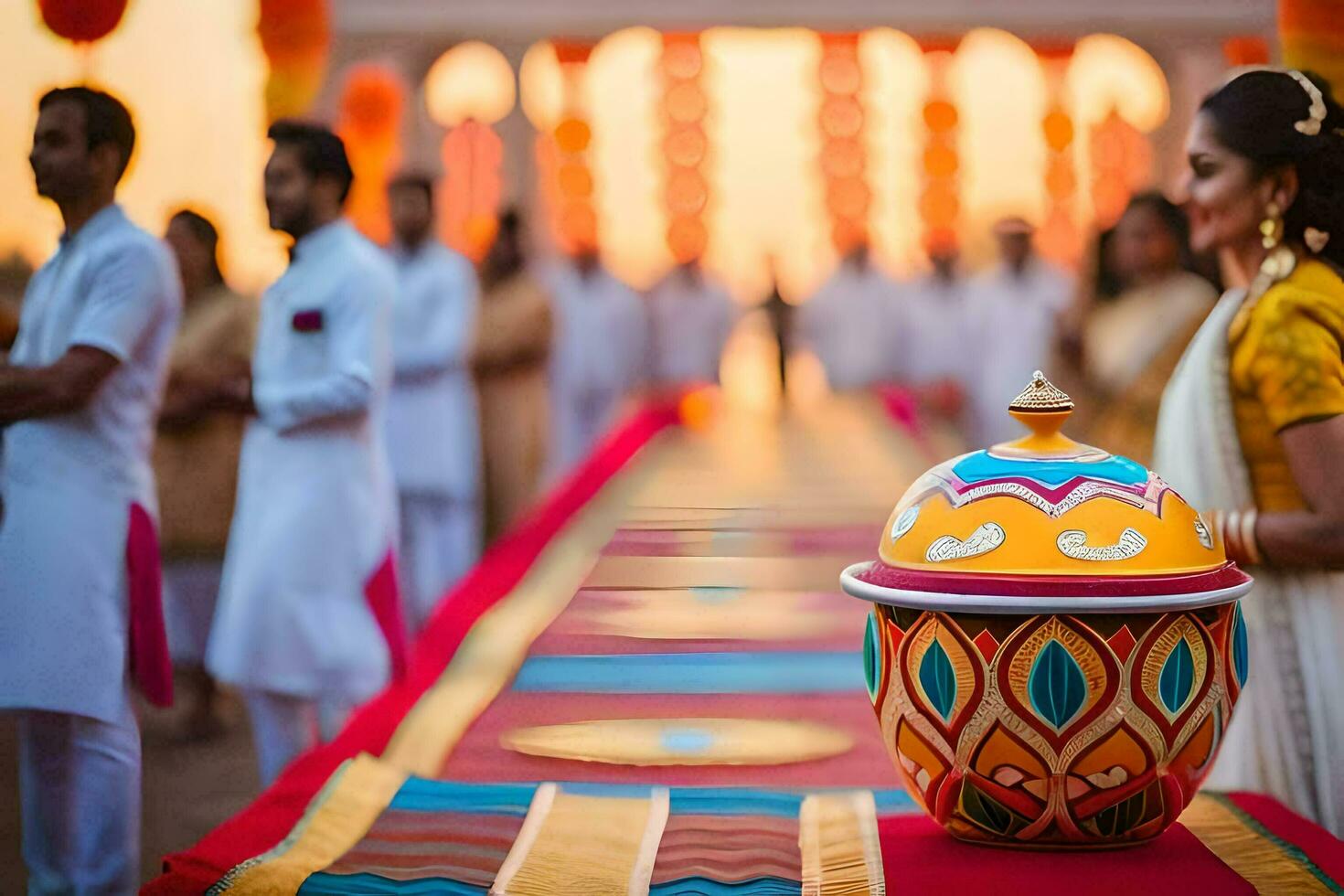 a wedding ceremony with colorful decorations and a table. AI-Generated photo