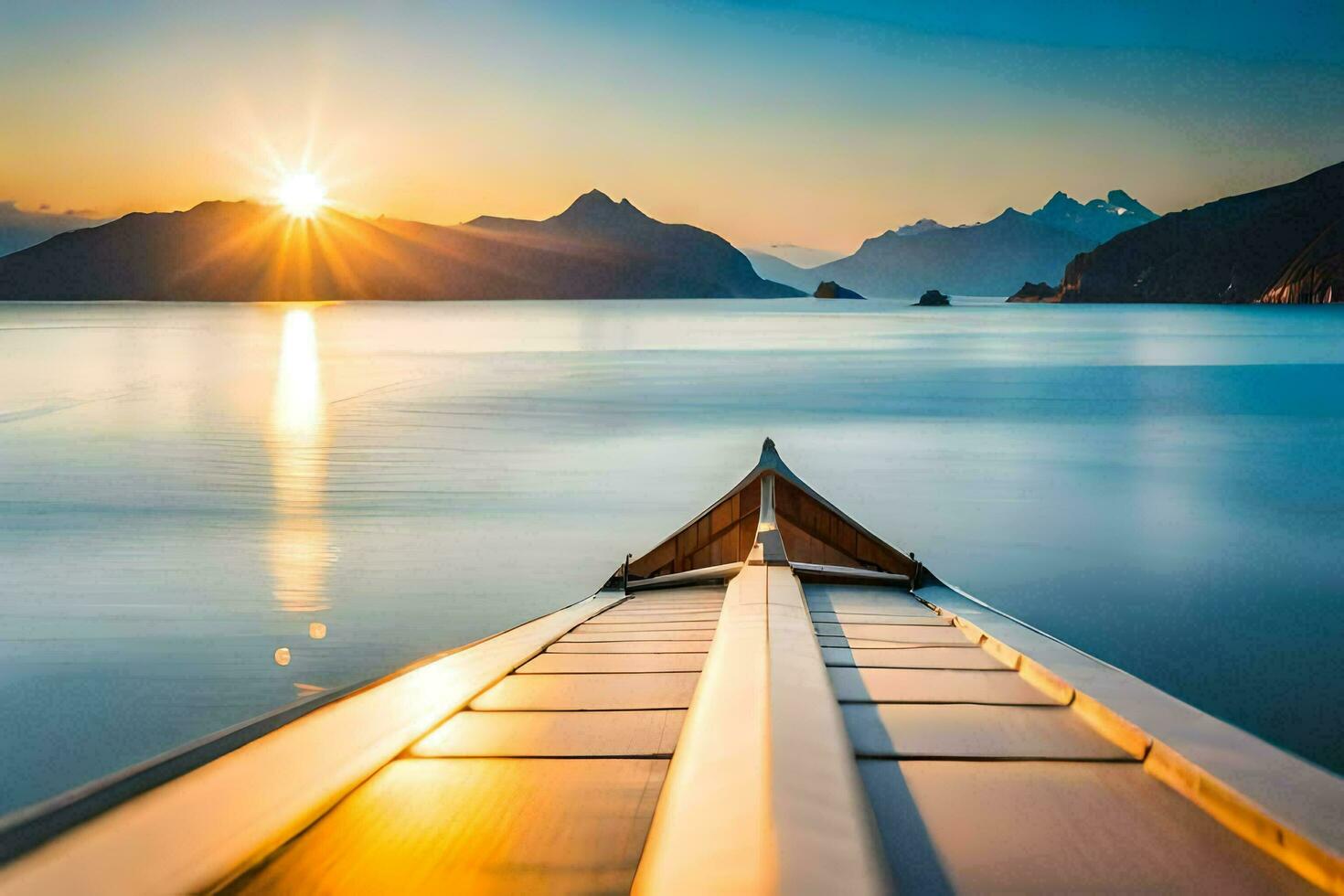 a boat on the water at sunset with mountains in the background. AI-Generated photo