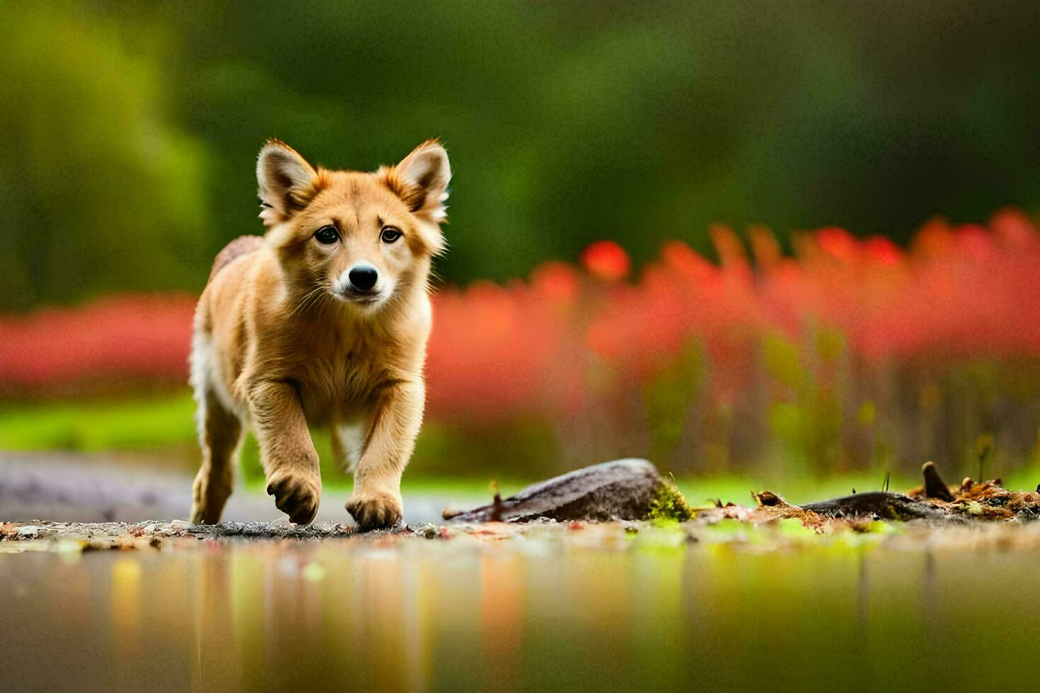 a puppy running across a field with red flowers. AI-Generated photo
