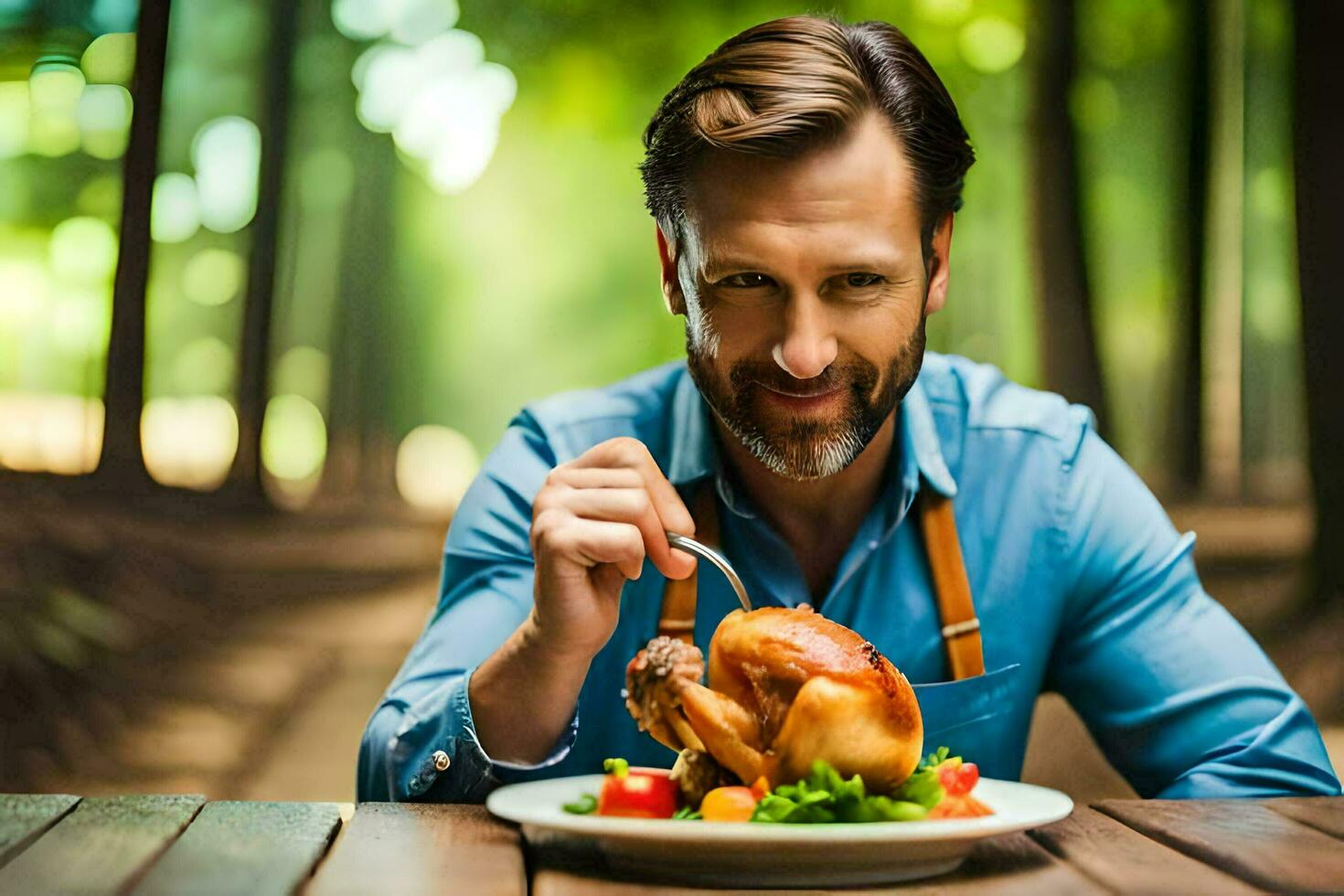 a man is eating a chicken on a plate. AI-Generated photo