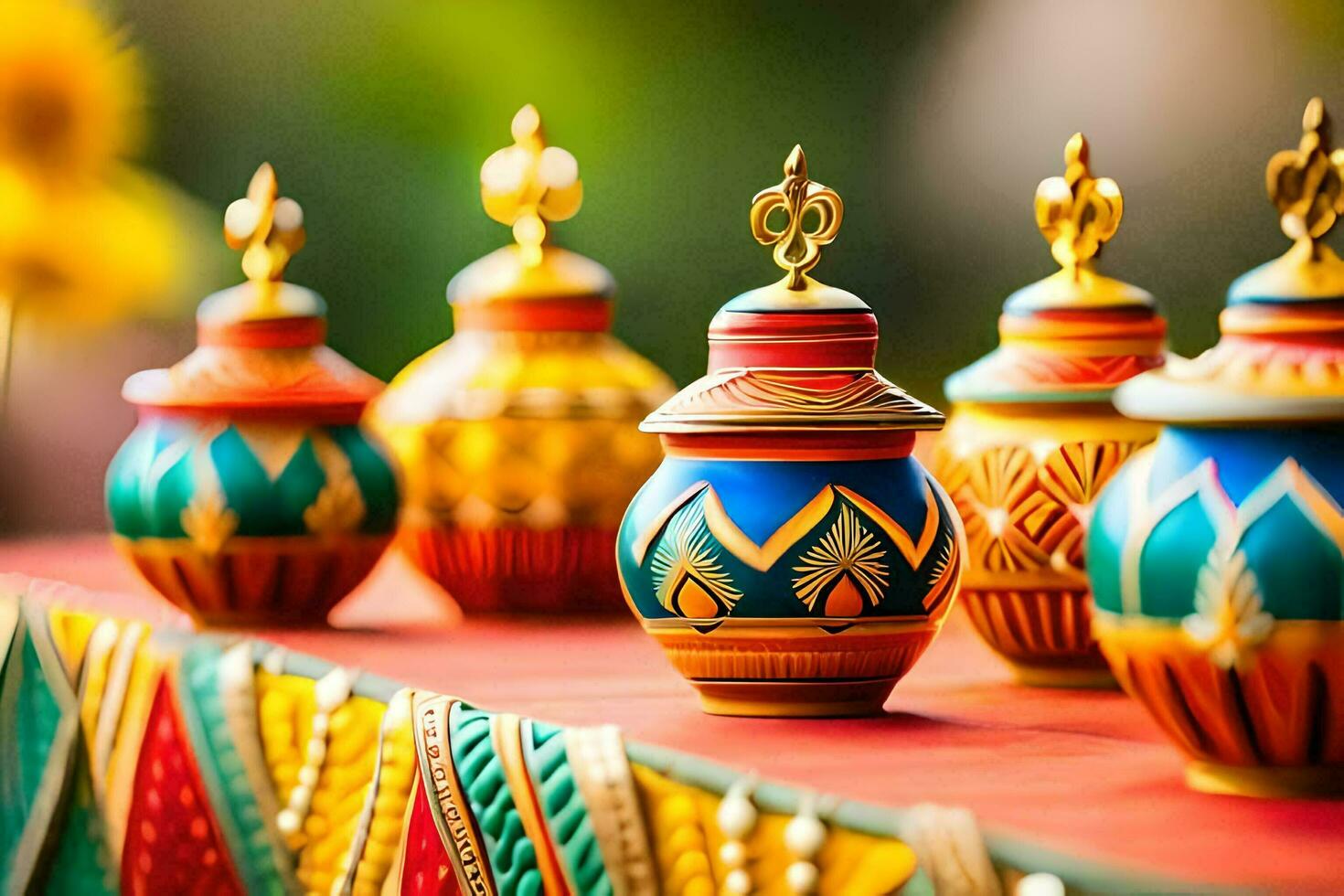 colorful pots on a table with a gold and red background. AI-Generated photo