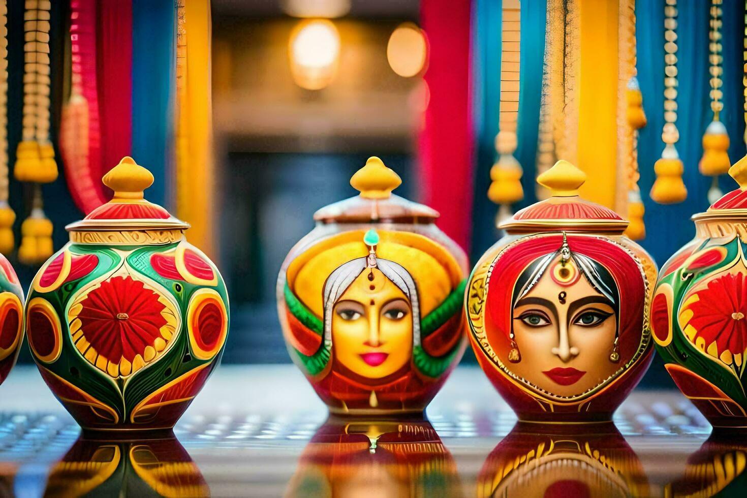 colorful indian pottery vases. AI-Generated photo