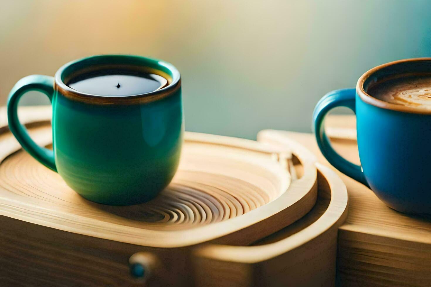 two coffee cups on wooden trays with a blue background. AI-Generated photo