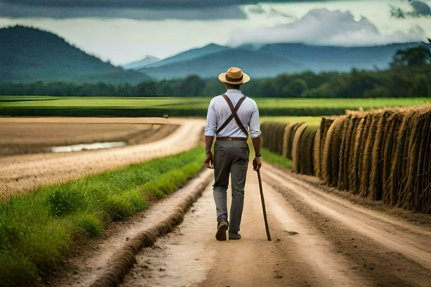 a man walking down a dirt road with a cane. AI-Generated photo