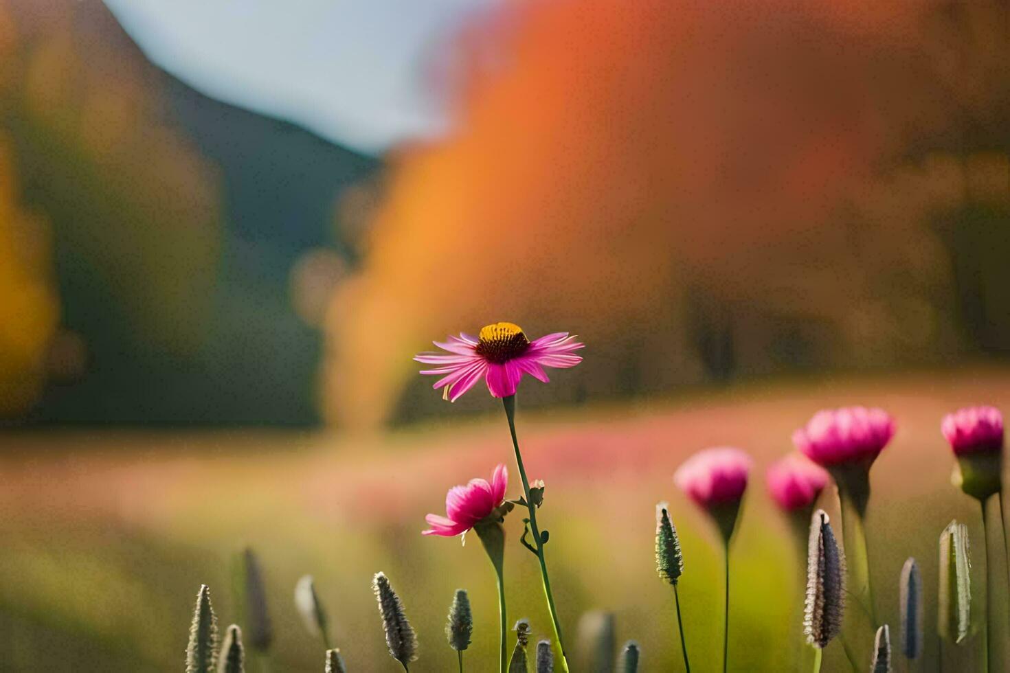 pink flowers in a field with autumn trees. AI-Generated photo