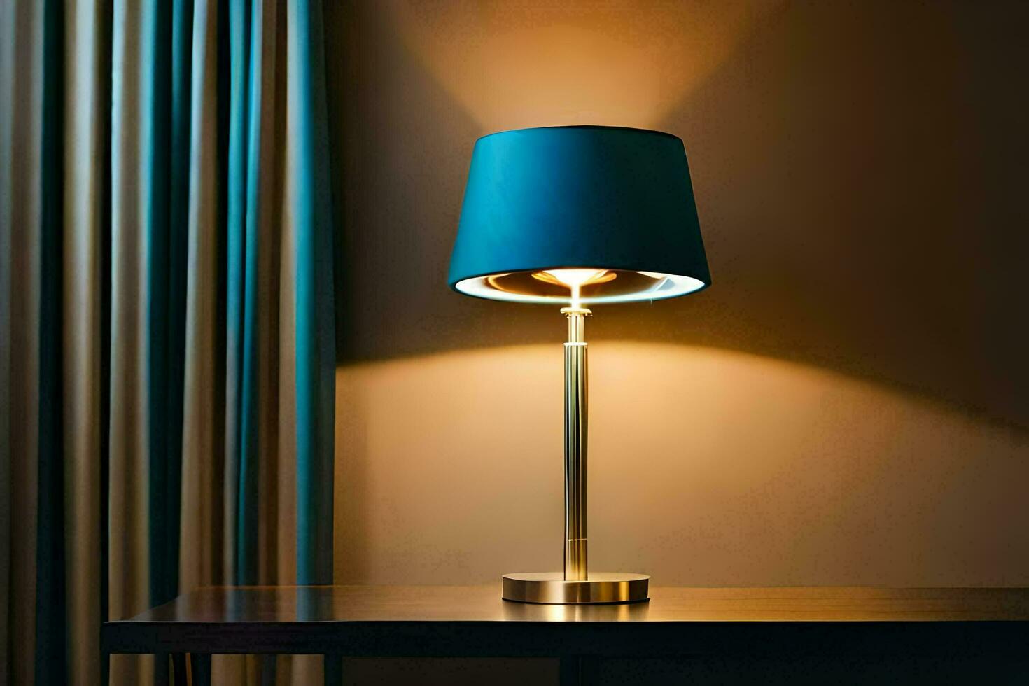 a lamp on a table in front of a curtain. AI-Generated photo