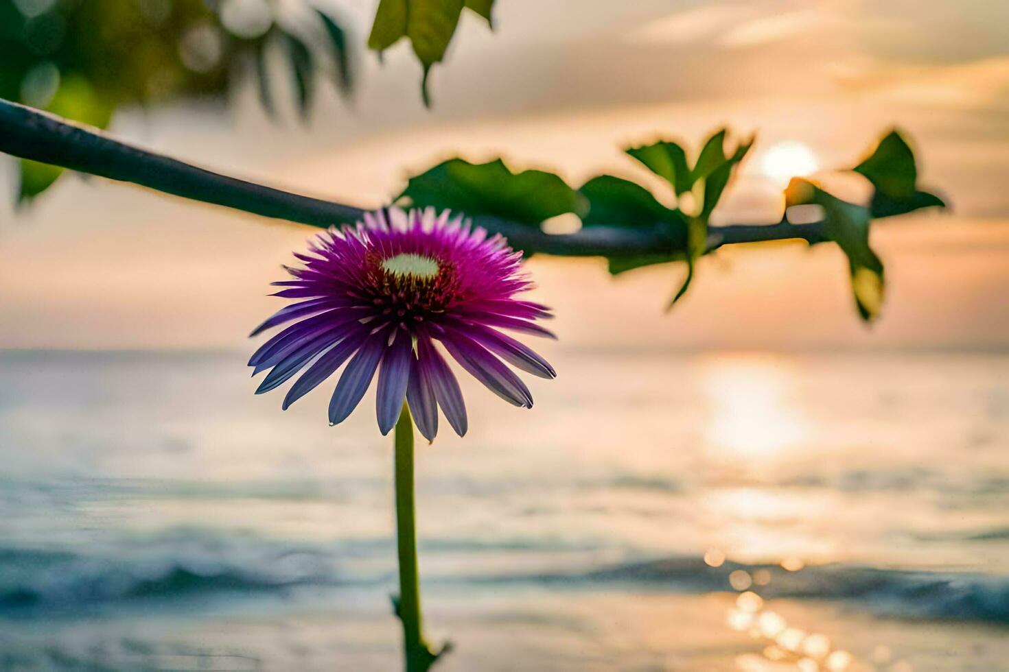 a purple flower is standing on the beach at sunset. AI-Generated photo