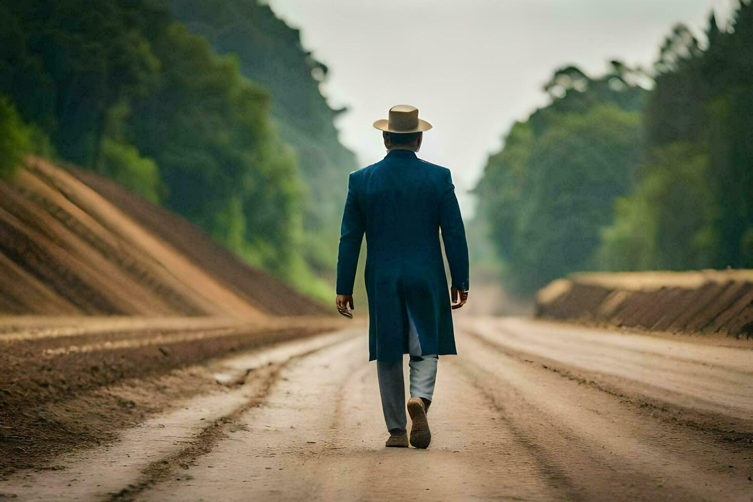 a man in a blue suit and hat walking down a dirt road. AI-Generated photo