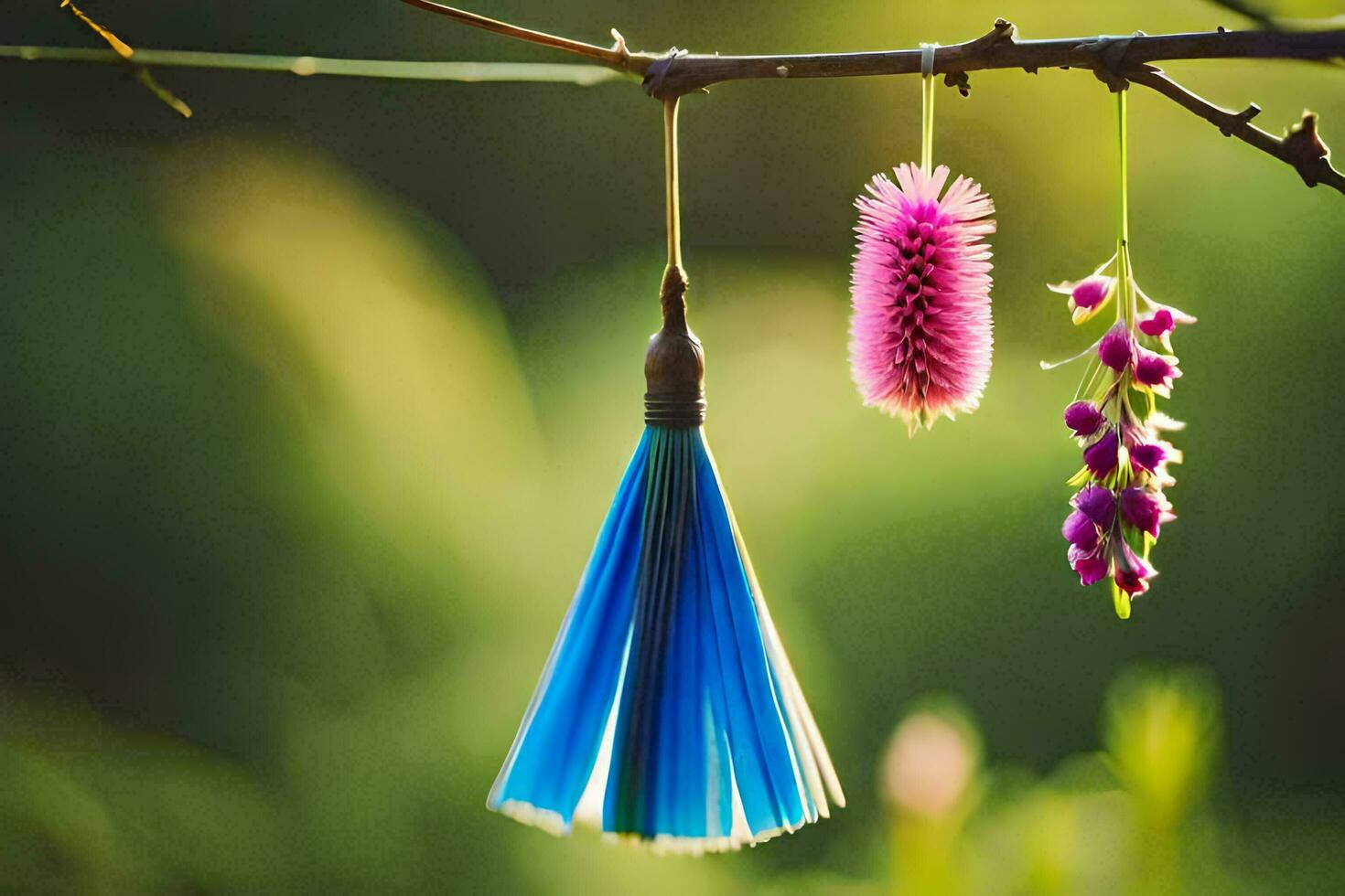 a blue tassel hanging from a branch. AI-Generated photo