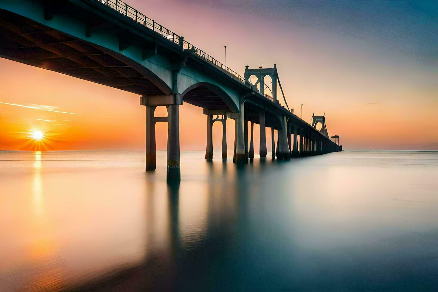 the sun sets over a bridge in the ocean. AI-Generated photo