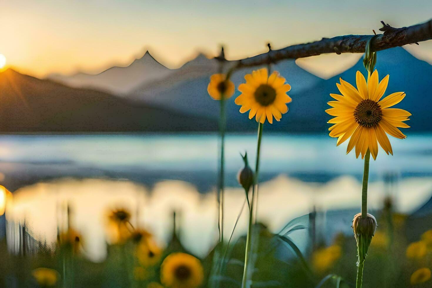 sunflowers in the mountains at sunset. AI-Generated photo