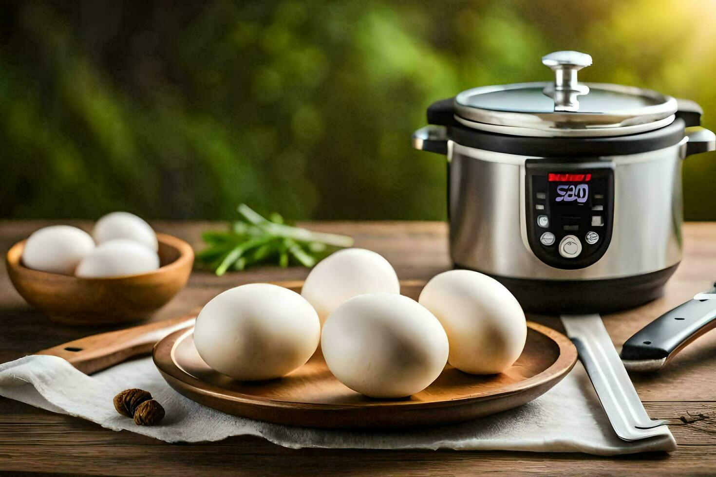 an electric pressure cooker with eggs and a knife. AIGenerated