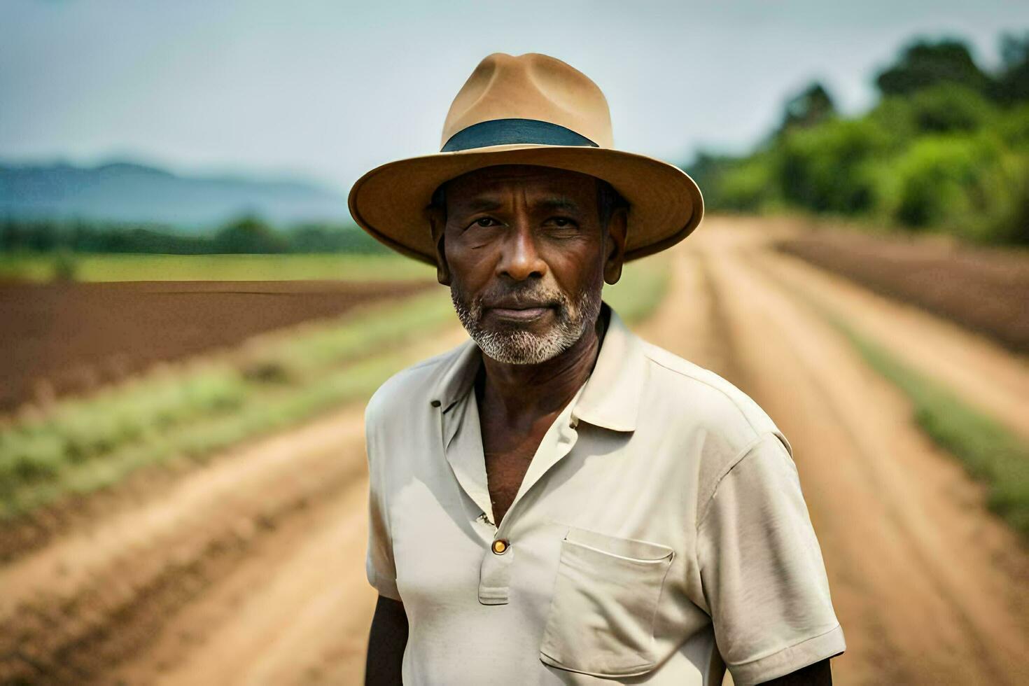 a man in a hat standing in a dirt road. AI-Generated photo