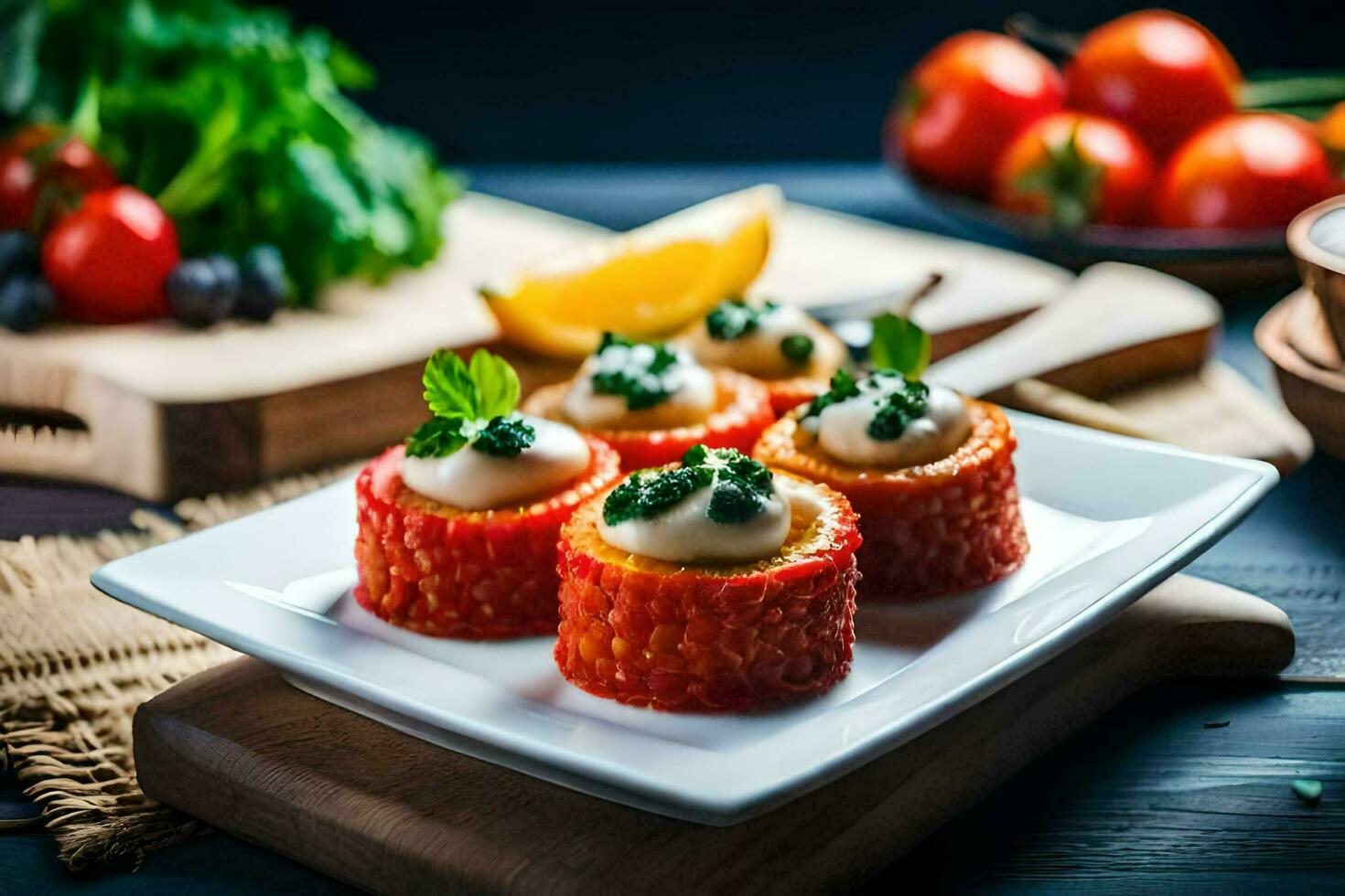 Tres pequeño rojo aperitivos en un blanco lámina. generado por ai foto