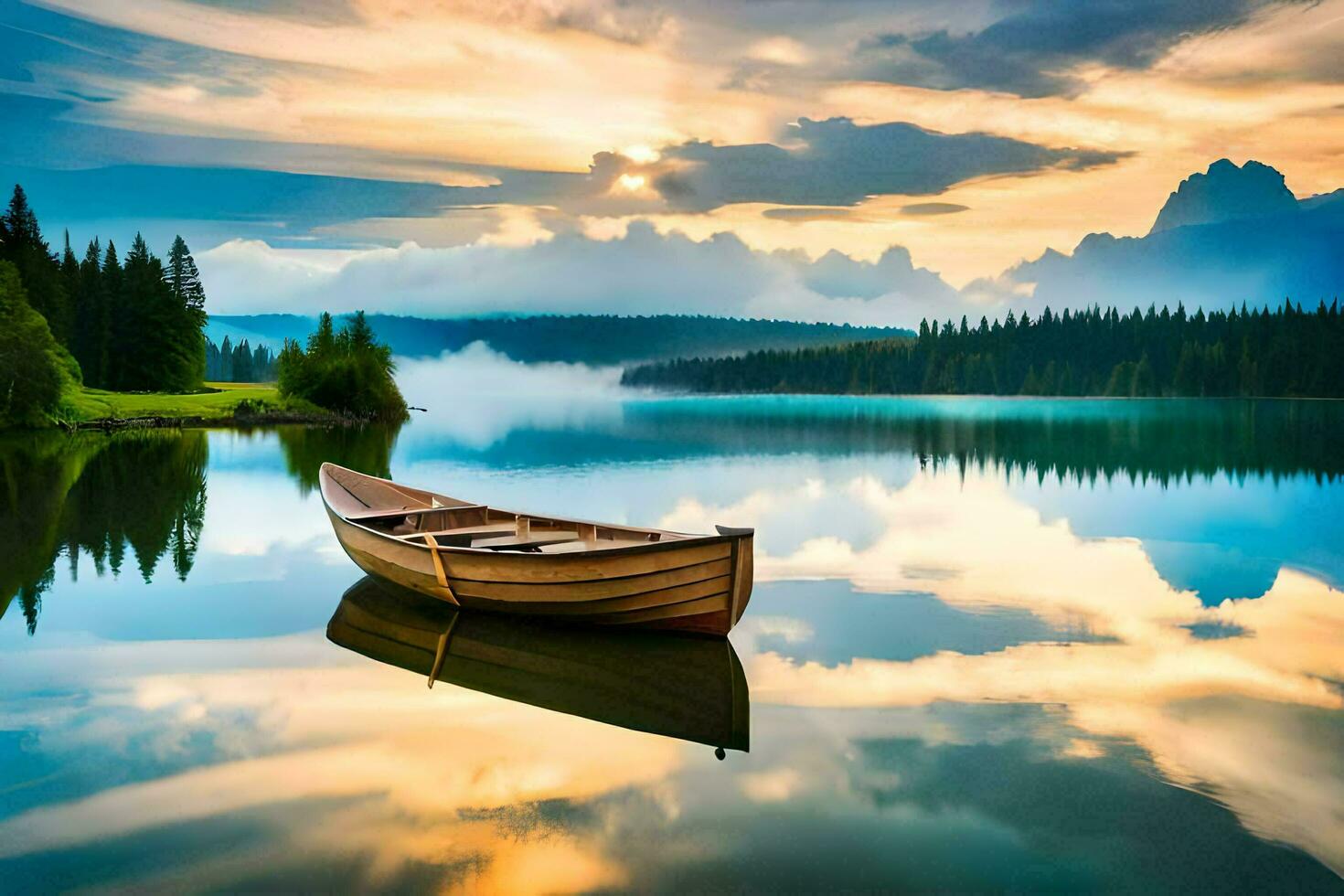 a boat on a lake at sunset. AI-Generated photo