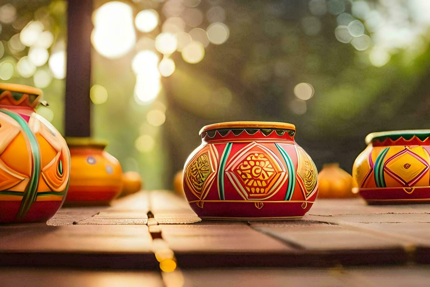 colorful pots on a wooden table with sunlight shining through. AI-Generated photo