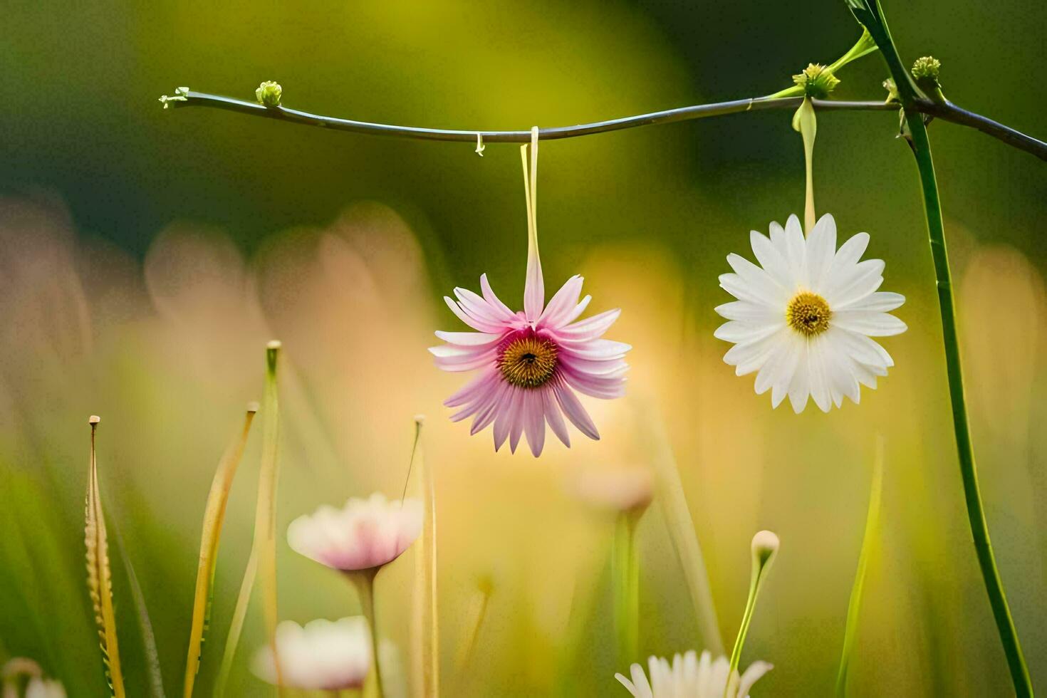 two flowers hanging from a branch in a field. AI-Generated photo