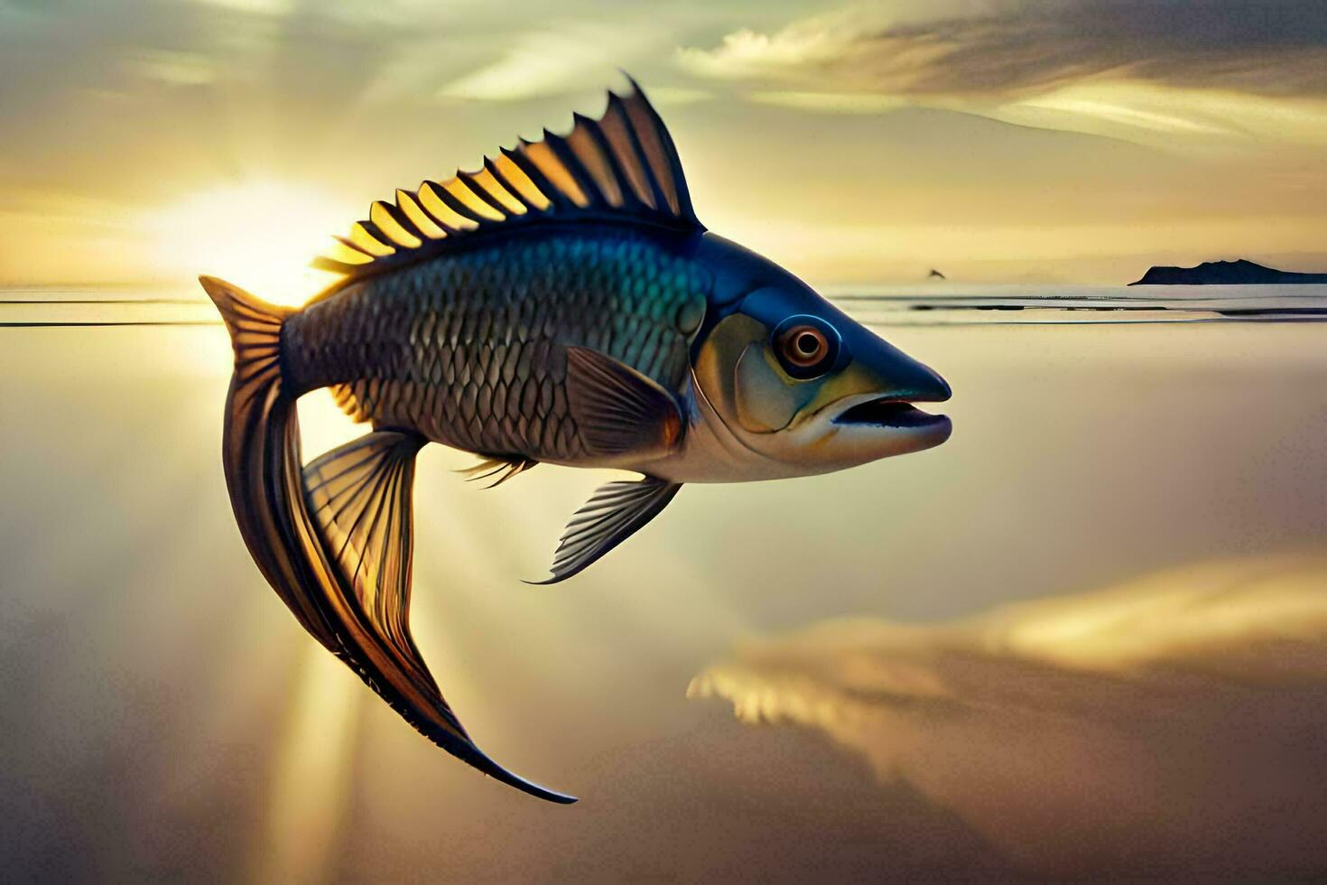 a fish is flying in the air at sunset. AI-Generated photo