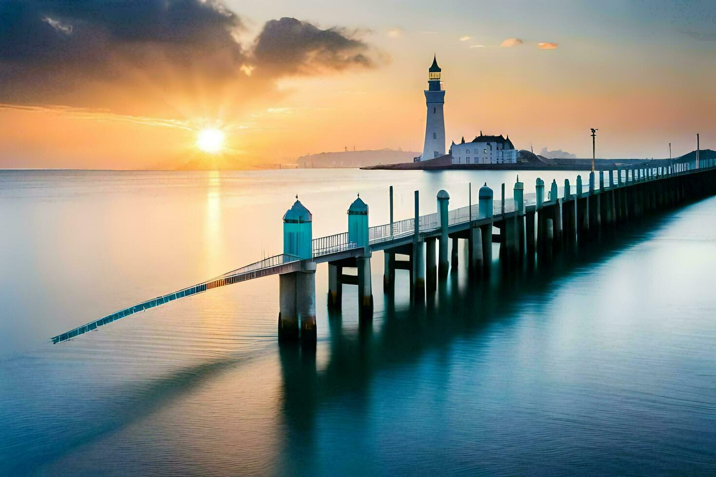 photo wallpaper the sky, the sea, the sun, the lighthouse, the pier, the lighthouse. AI-Generated