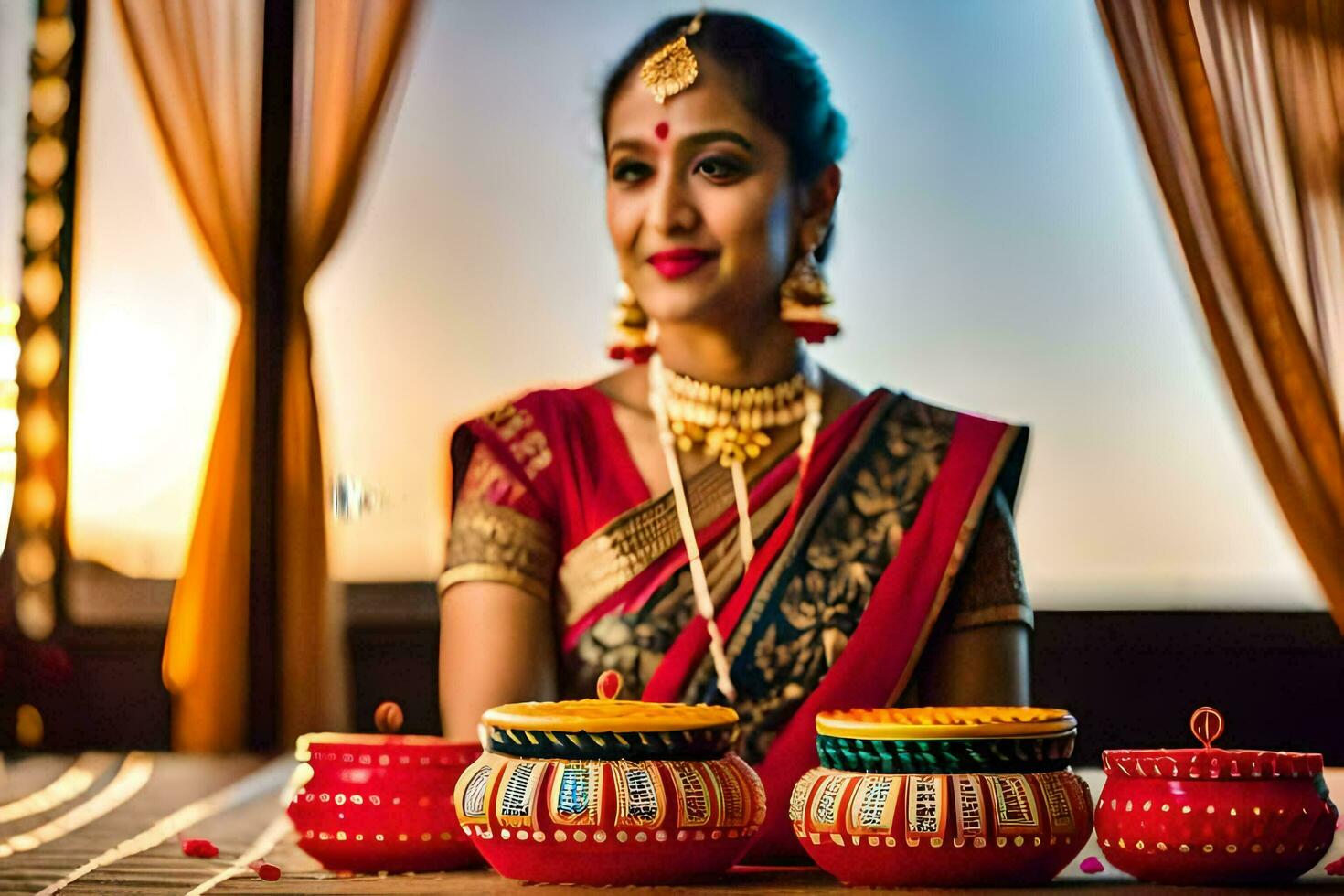 un mujer en tradicional indio atuendo se sienta con Tres ollas. generado por ai foto