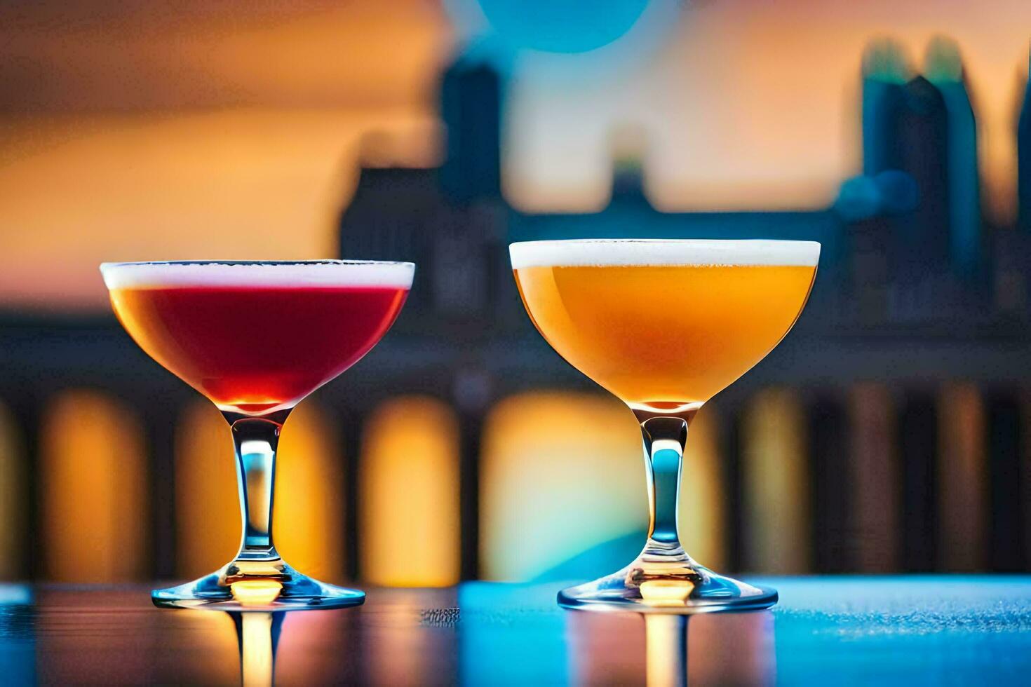 two cocktails sit on a table in front of a city skyline. AI-Generated photo